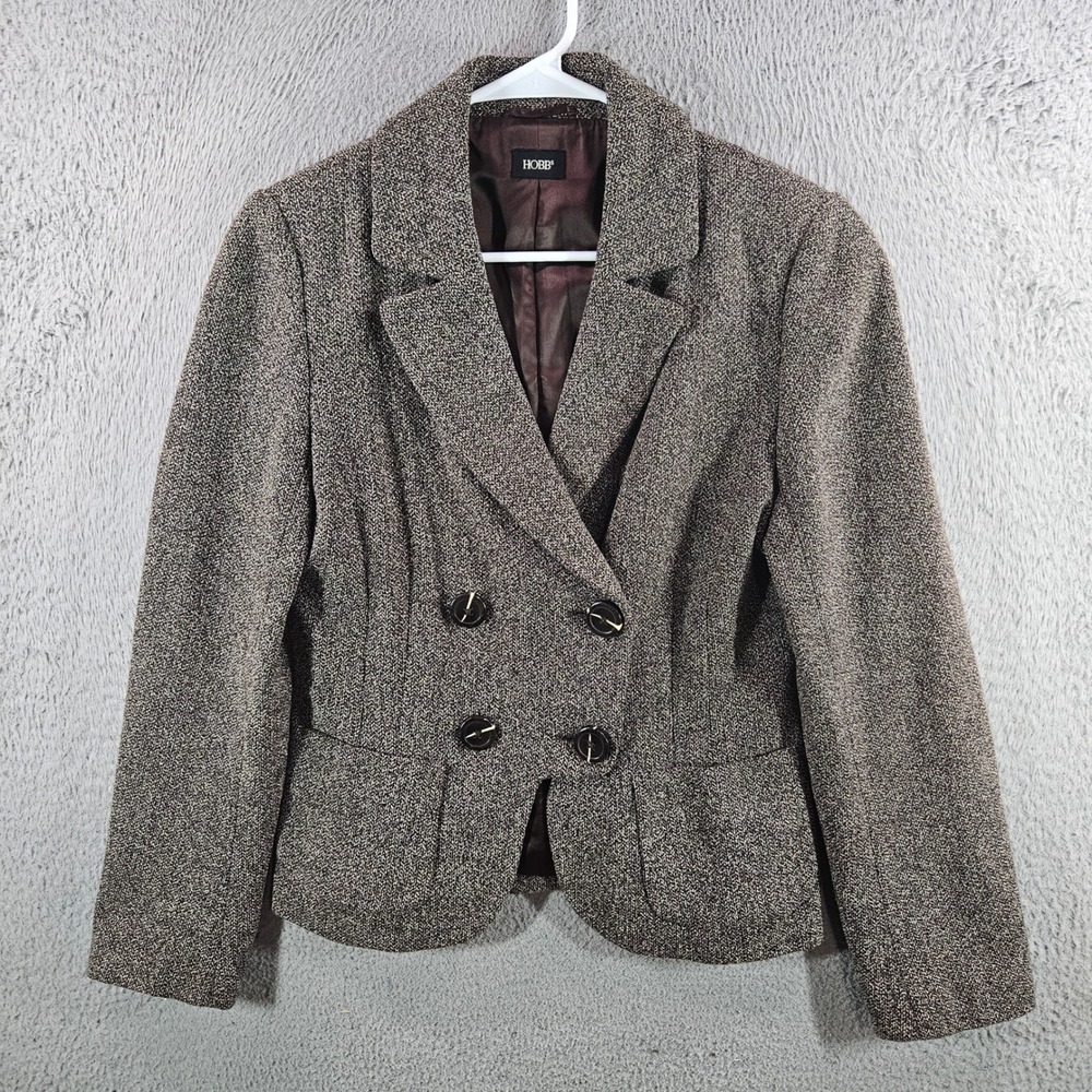Hobbs London Womens Wool Blend Herringbone Double Breasted Blazer Brown Size 10